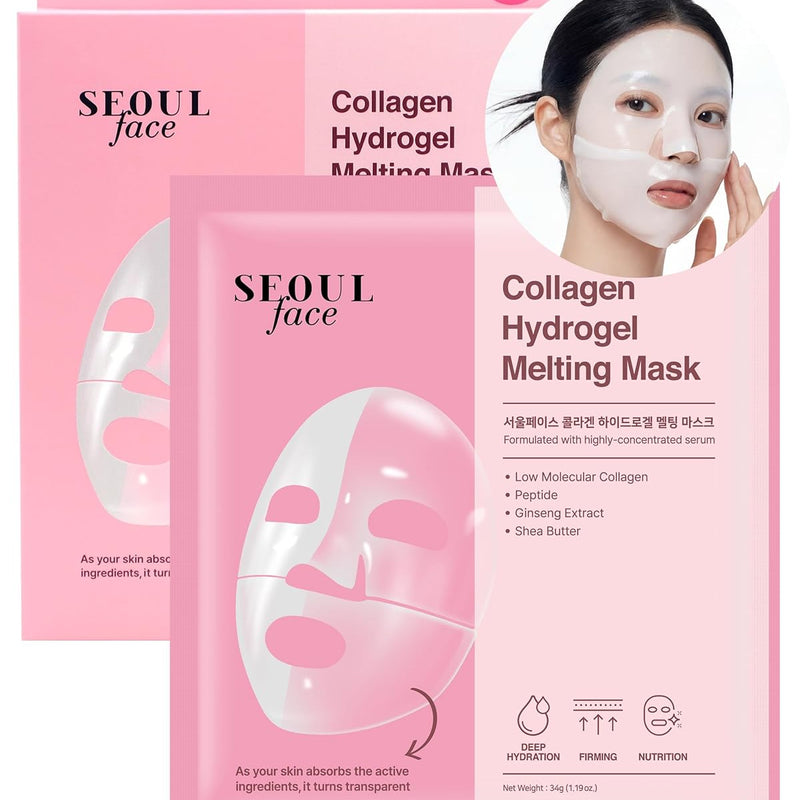 [DERMAL] Seoul Face Collagen Hydrogel Melting Mask (4 Pack) - Korean Overnight Face Mask for Glassy Skin & Pore Care - Deep Hydration Jelly Gel Sheet with 300Da Low Molecular Collagen Ritual